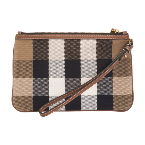BURBERRY Canvas Peyton House Checkered Wristlet Pouch With Leather Trim - Picture 1 of 3